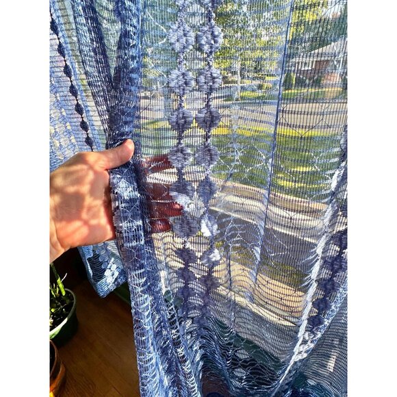 Vintage 70s curtains, groovy navy blue stripes, net woven panels, as a pair - Picture 3 of 10